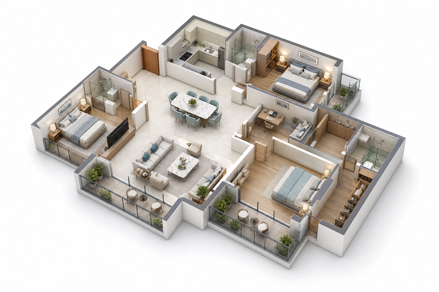 Isometric preview of 3.5 BHK luxury apartment floor plan