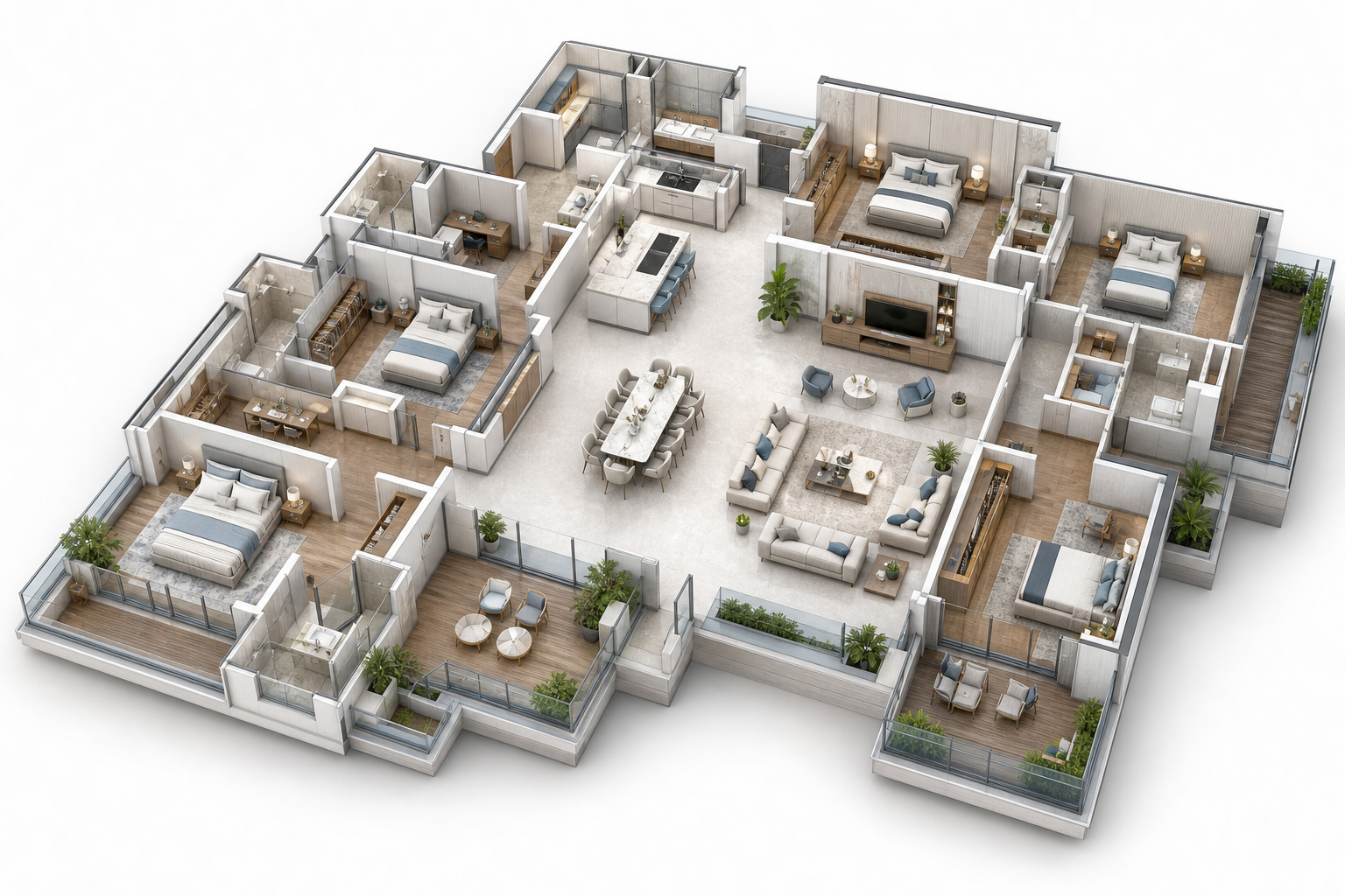 Isometric preview of 4.5 BHK corner residence floor plan