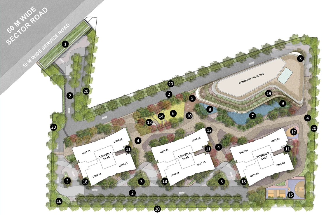 Masterplan showing residential clusters, landscaped greens, roads, water features and amenity zones