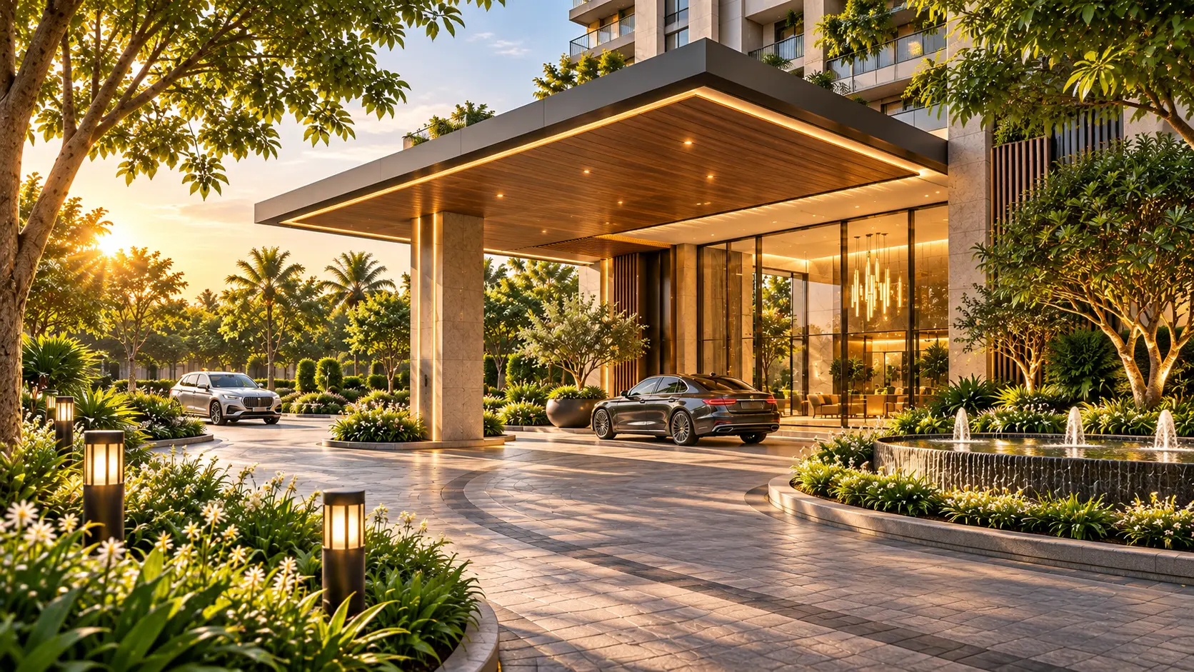 Landscaped tower arrival