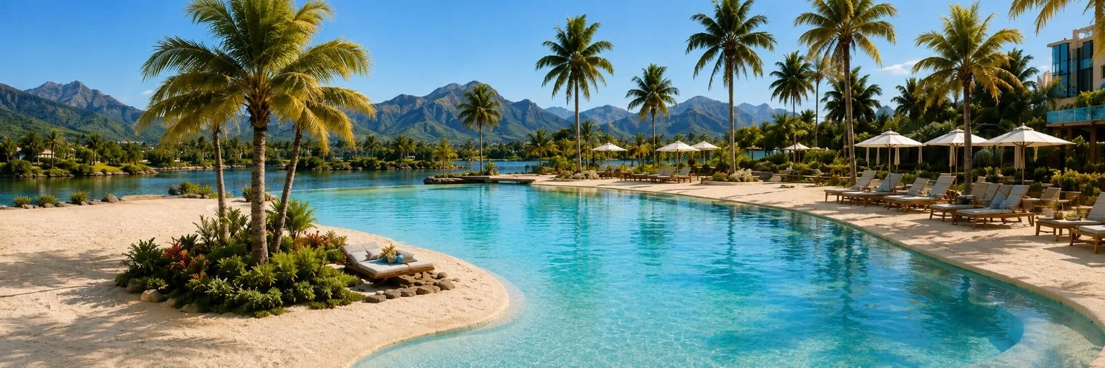 Resort-style pool and leisure deck at Godrej Verano